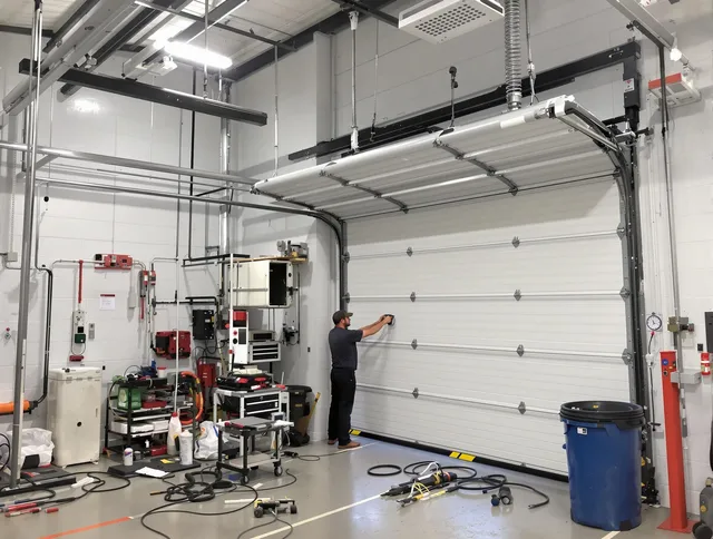 Derby Garage Door Repair certified technician performing commercial door repair at a Derby business facility