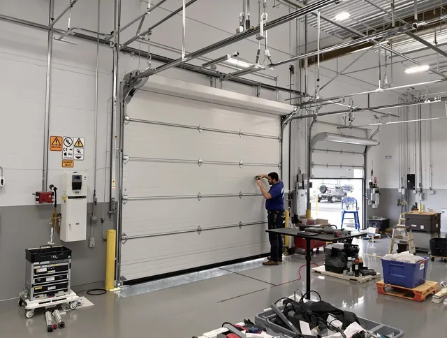 Commercial garage door repair being performed by Derby Garage Door Repair expert in Derby