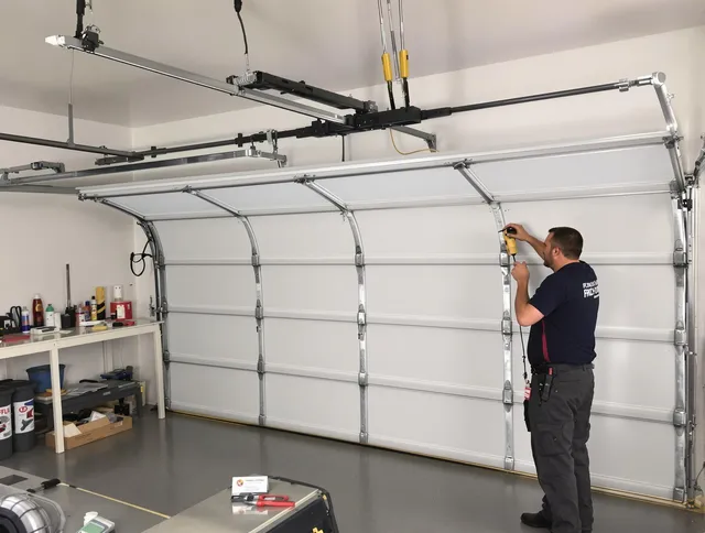 Derby Garage Door Repair certified technician performing overhead door system repair in Derby