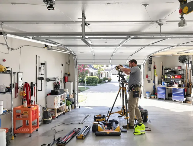 Derby Garage Door Repair specialist performing laser-guided track alignment in Derby